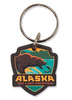 Alaska Fishing Bear Emblem Wooden Key Ring | American Made