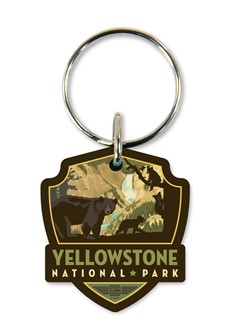 Yellowstone NP Mama Bear & Cubs Emblem Wooden Key Ring | American Made