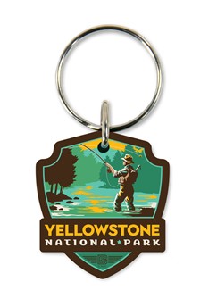 Yellowstone NP Mama Bear & Cubs Emblem Wooden Key Ring | American Made