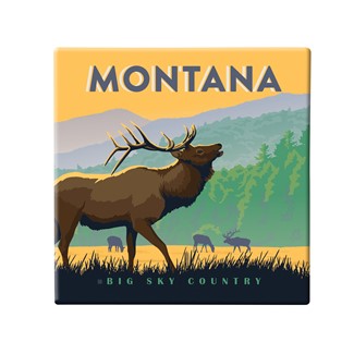 Montana Big Sky Country Elk Square Magnet | Metal Magnet
