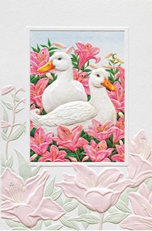 White Ducks In Pink Lillies | Embossed insect USA made greeting cards