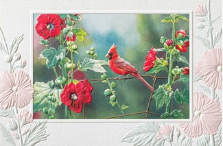 Cardinal In Hollyhocks | Birthday greeting cards