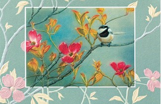 Chicadee in Pink Dogwood | Embossed greeting cards