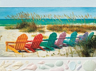 Rainbow Beach Chairs | Beach themed birthday greeting cards