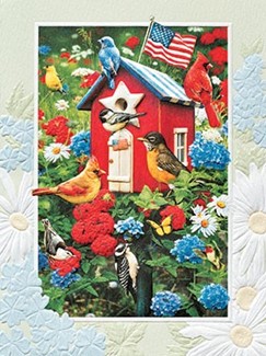 Stars, Stripes, and Songbirds | Embossed birdhouse greeting cards