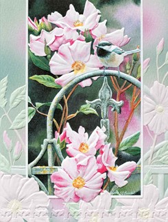 Chickadee in Roses | Embossed songbird greeting cards