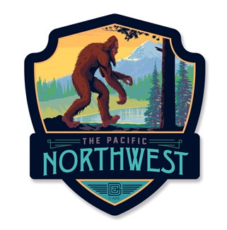 PNW Mountain Lake Bigfoot | American-Made Wood Emblem Magnet