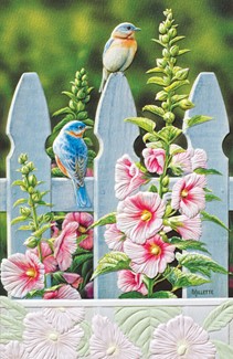 Bluebirds in Hollyhocks (MD) Folded - W/Env |Mother's Day  greeting cards