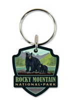Rocky MTN NP Black Bear Family Lake Emblem Wooden Key Ring