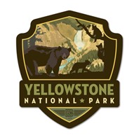 Yellowstone National Park Mama Bear & Cubs Emblem Wooden Magnet