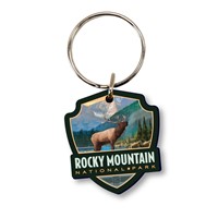 Rocky Mountain NP Bull Elk Emblem Wood Key Ring